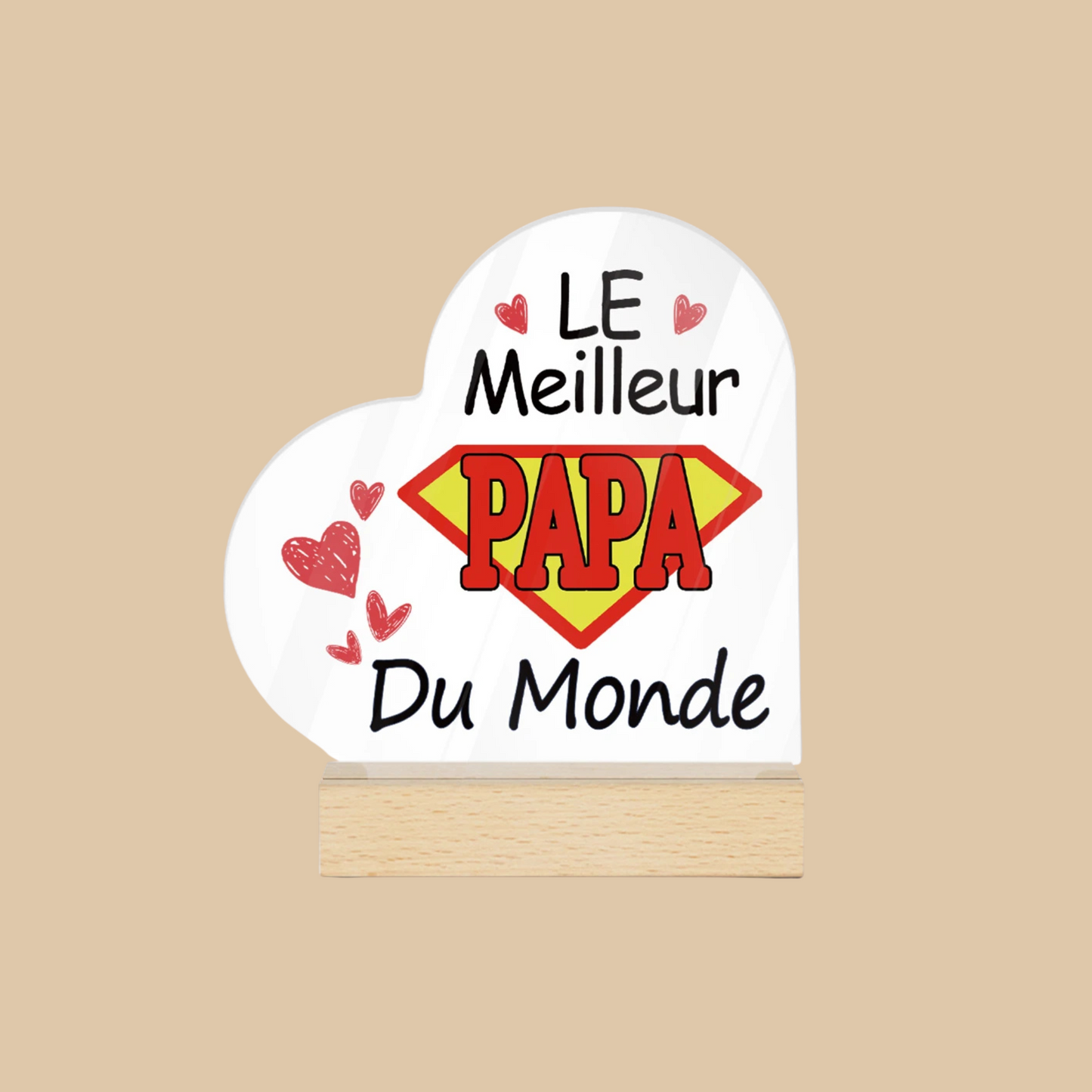 Plaque cœur “Le meilleur papa du monde” – Acrylique avec socle bois – Cadeau fête des pères