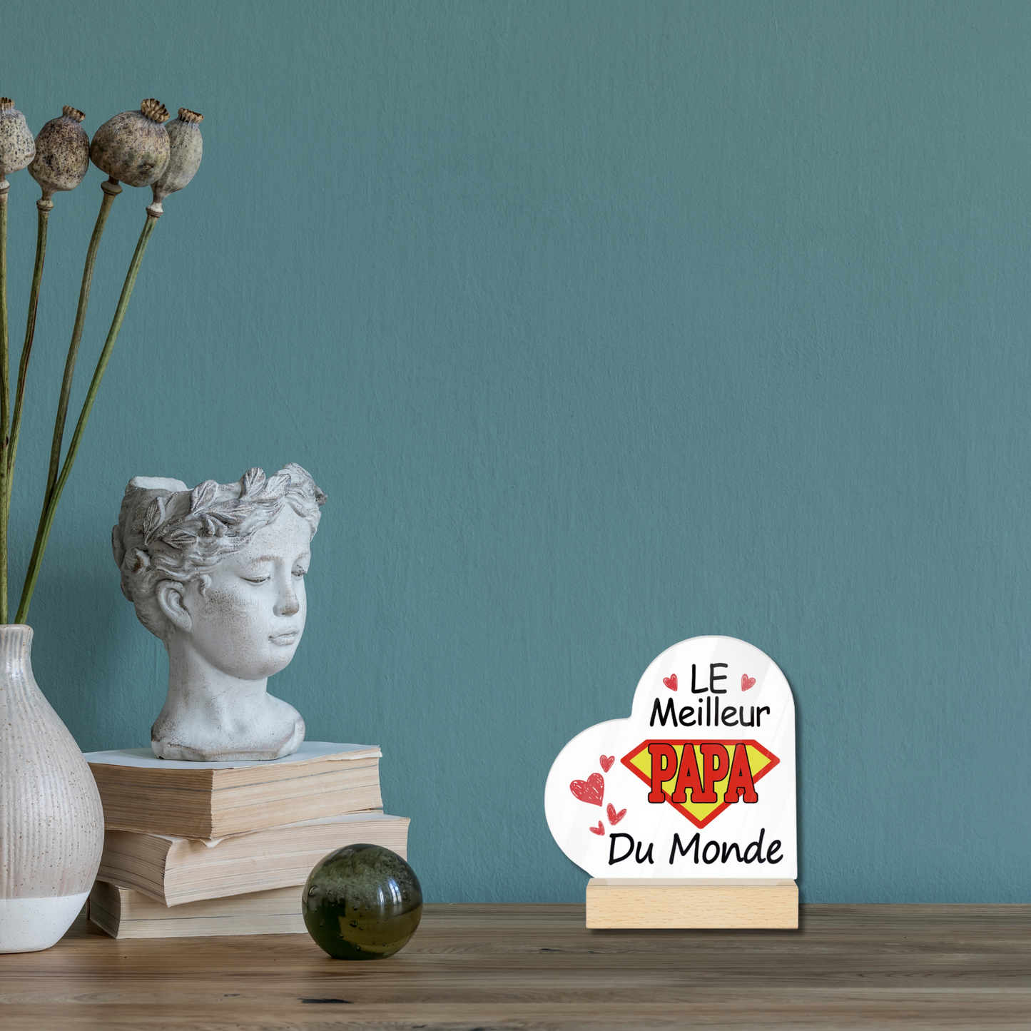 Plaque cœur “Le meilleur papa du monde” – Acrylique avec socle bois – Cadeau fête des pères
