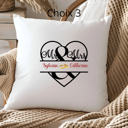 Coussin Personnalisé "Mr & Mrs" avec Prénoms – Cadeau Mariage & Déco Romantique | 40x40cm