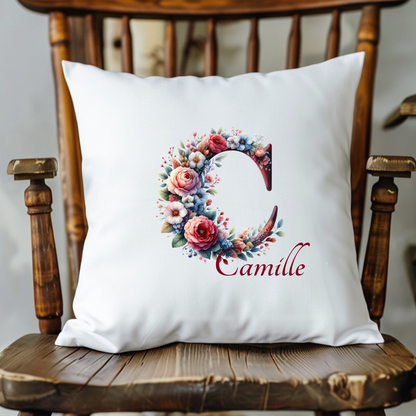 Coussin Personnalisé avec Initiale Fleurie &Prénom – Déco Élégante &Cadeau Unique | 40x40cm