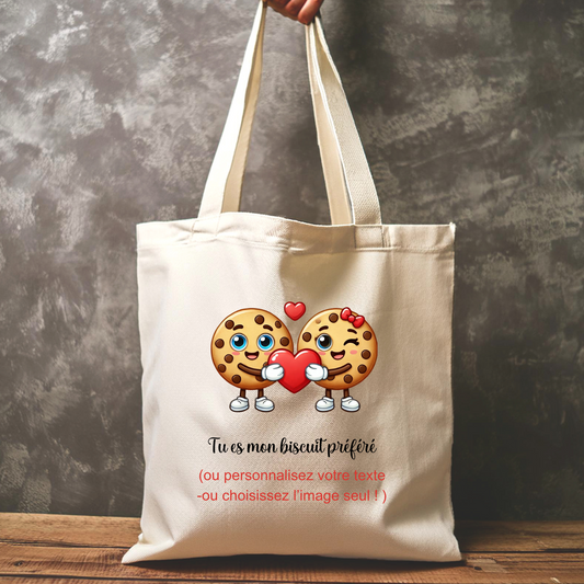 Sac fourre tout (Tote Bag) Blanc Tu es mon biscuit préféré – Une Touche Gourmande et Amoureuse